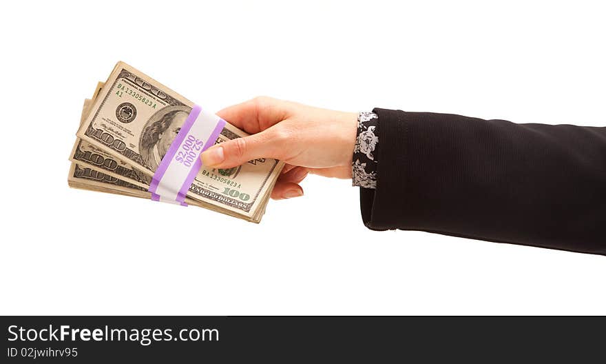 Woman Handing Over Hundreds of Dollars Isolated on a White Background.