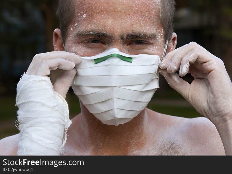 Worker in protective mask