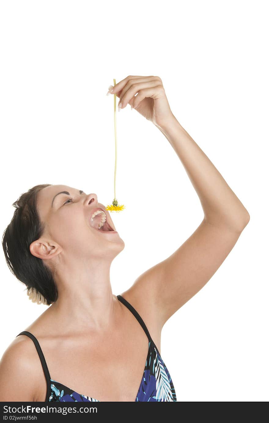 Young woman swallows of yellow flower isolated in white