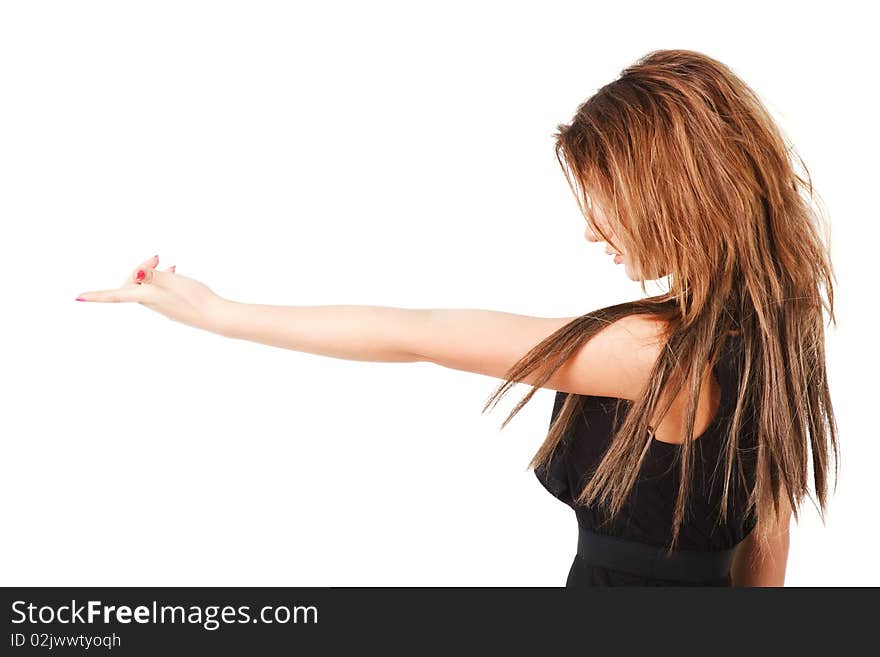 Picture of a young attractive girl in black dress on white background.