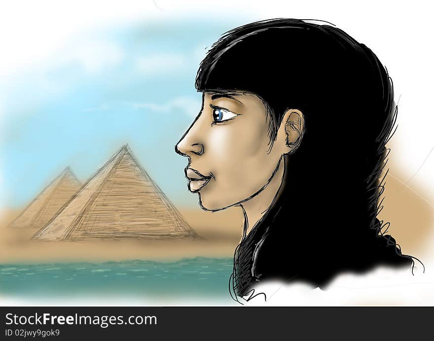 The Egyptian woman against pyramids