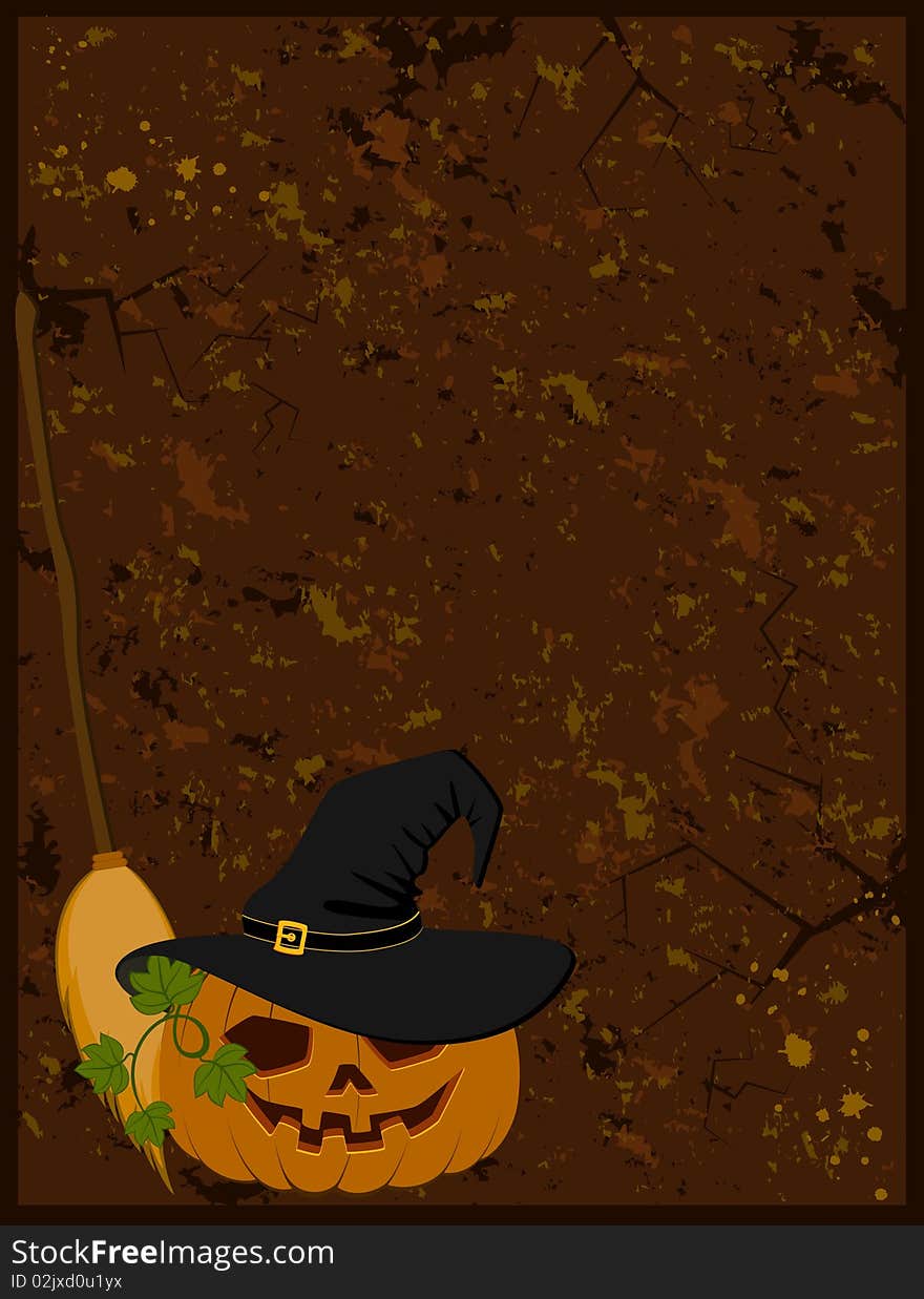 The carved face of pumpkin in hat on Halloween