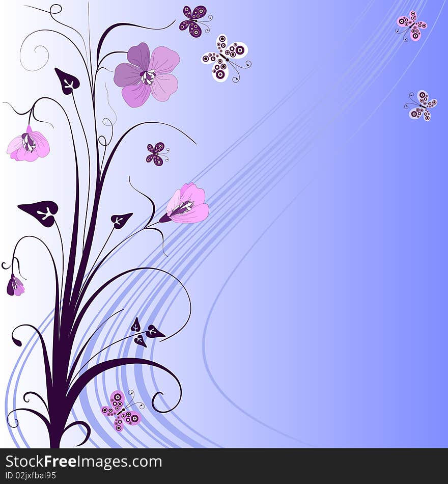 Decorative floral blue background with curls and  butterflies (vector). Decorative floral blue background with curls and  butterflies (vector)