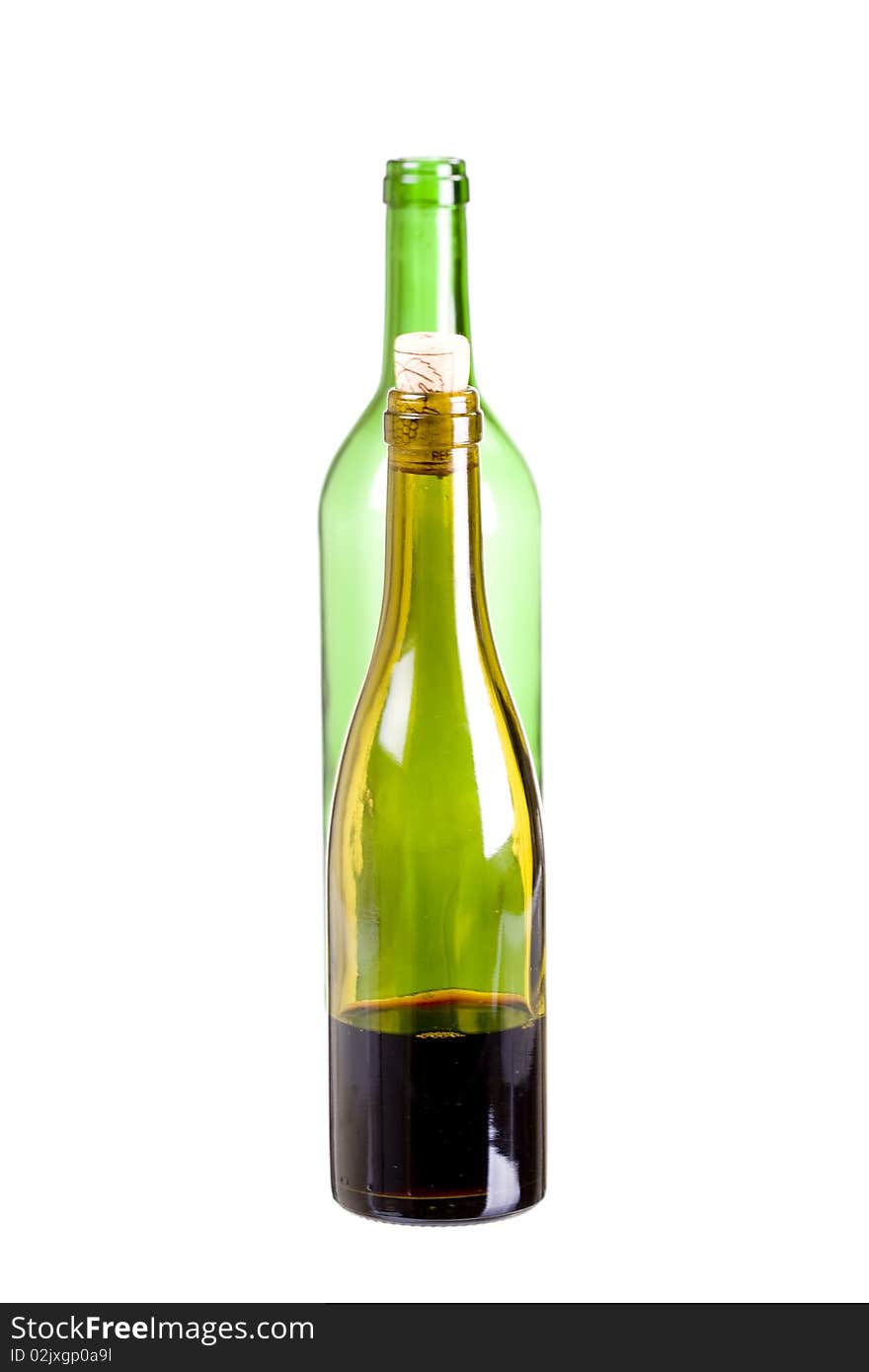 Green wine bottles on white background