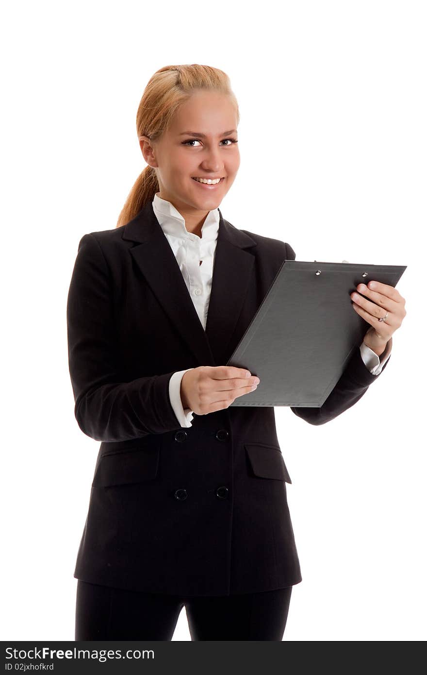 Businesswoman with folder in hand, studio shot, white background isolated