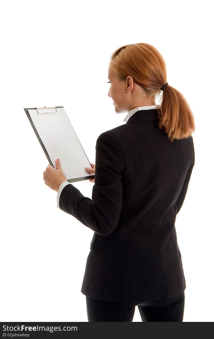 Businesswoman with folder in hand, studio shot, white background isolated