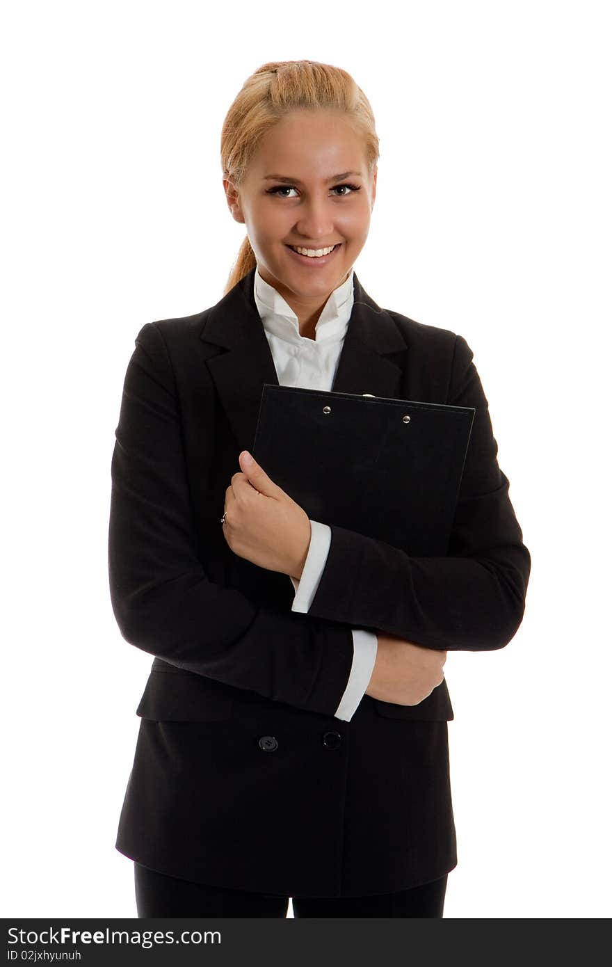 Businesswoman with folder in hand, studio shot, white background isolated