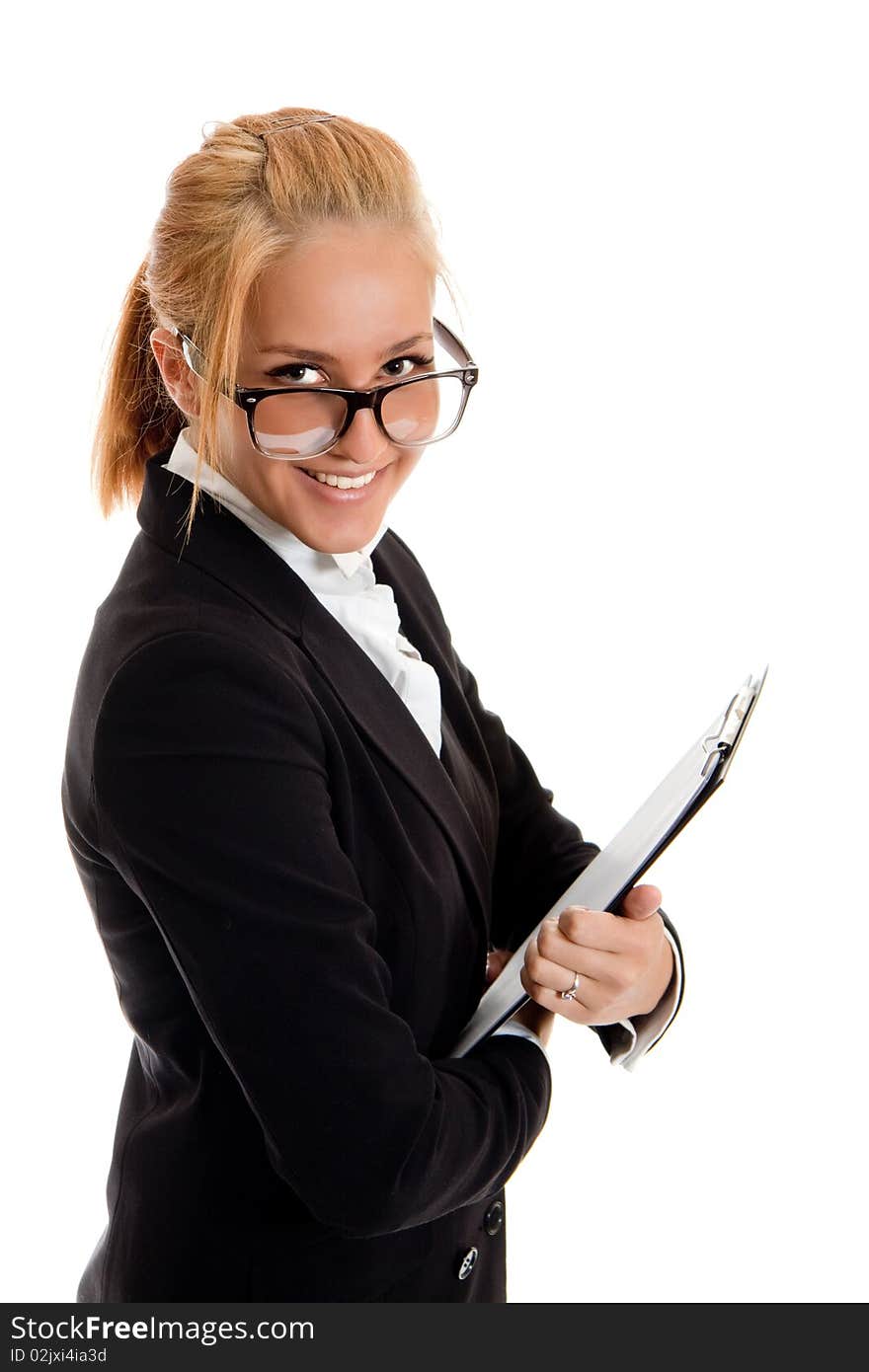 Businesswoman with folder in hand, studio shot, white background isolated. Businesswoman with folder in hand, studio shot, white background isolated