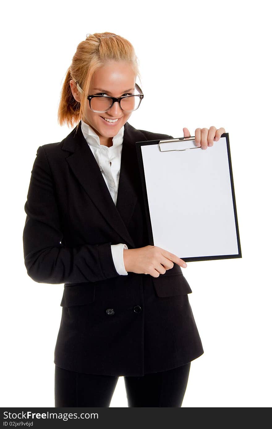 Businesswoman with folder in hand, studio shot, white background isolated