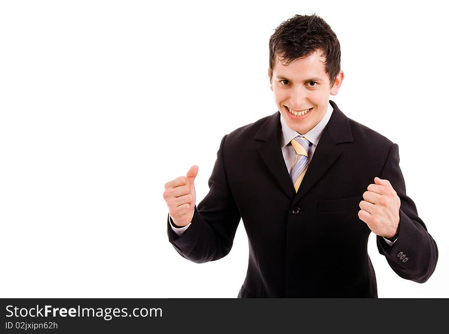 Happy energetic businessman with his arms raised, isolated on white