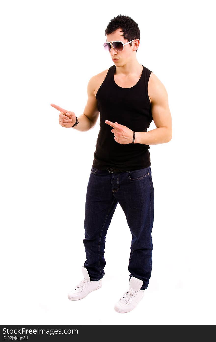 Stylished young man full body wearing sunglasses on white background