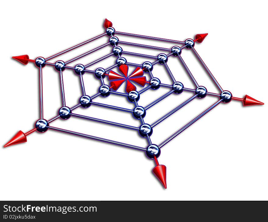 On 3d abstract image render of silver net whith red arrows. On 3d abstract image render of silver net whith red arrows