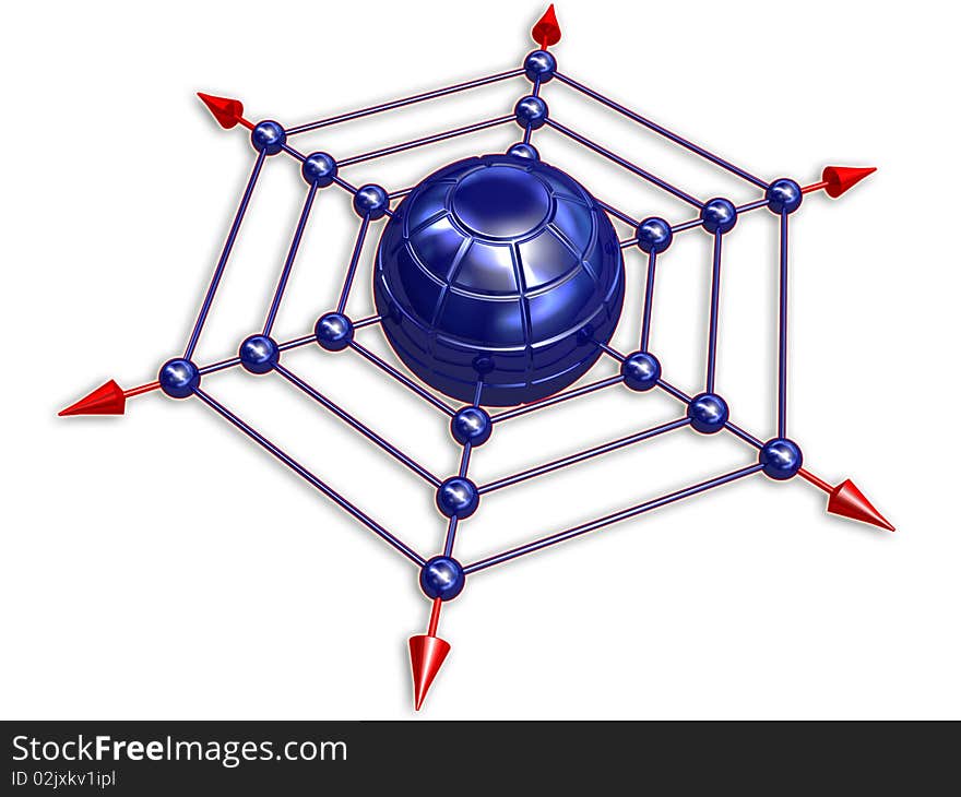 On 3d abstract image render of blue net whith globe and red arrows