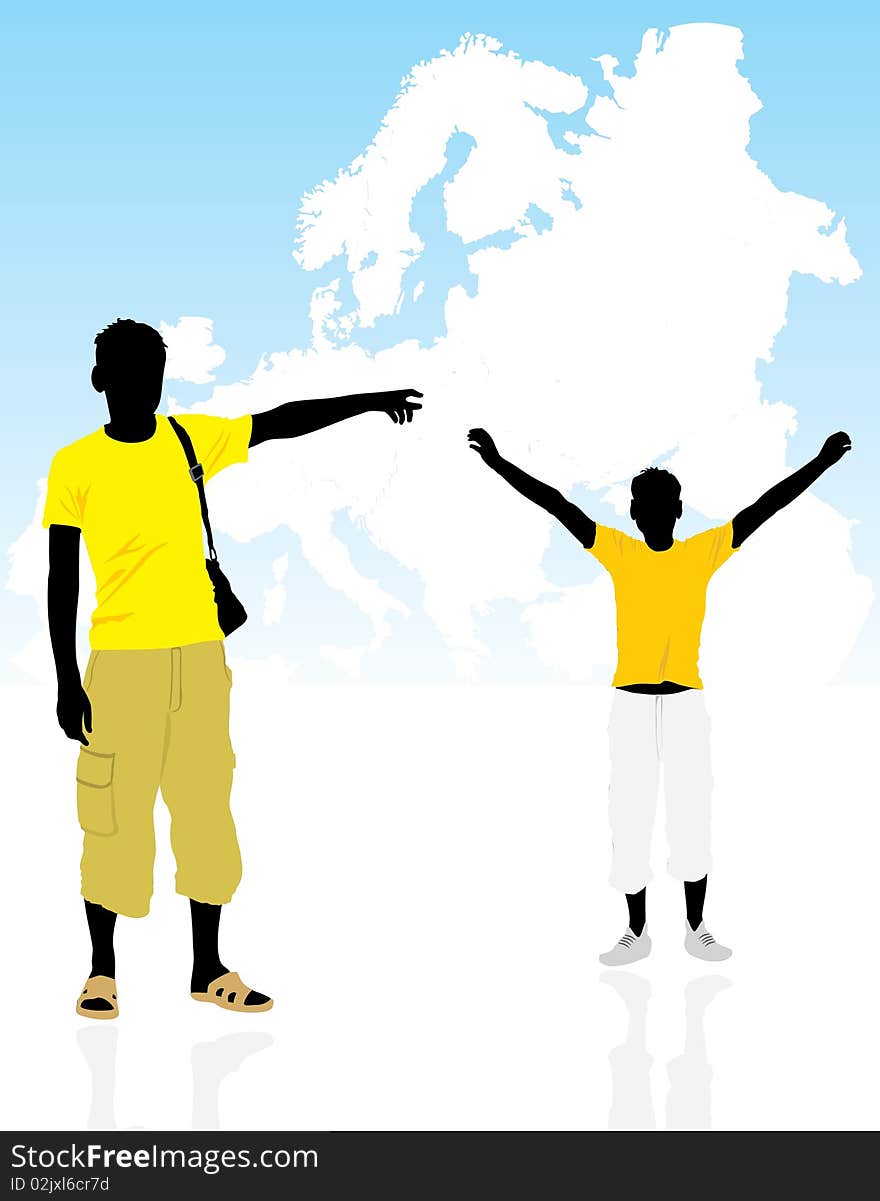 Two masculine silhouettes on a background the map of Europe. Illustration