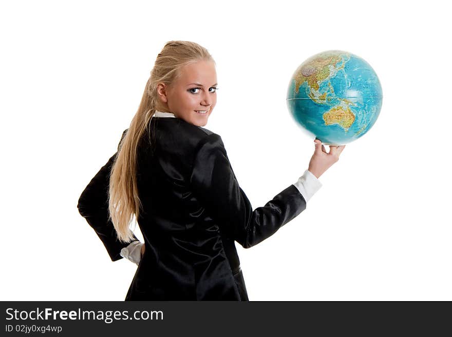 Businesswoman holding globe in hand, isolated photoin studio