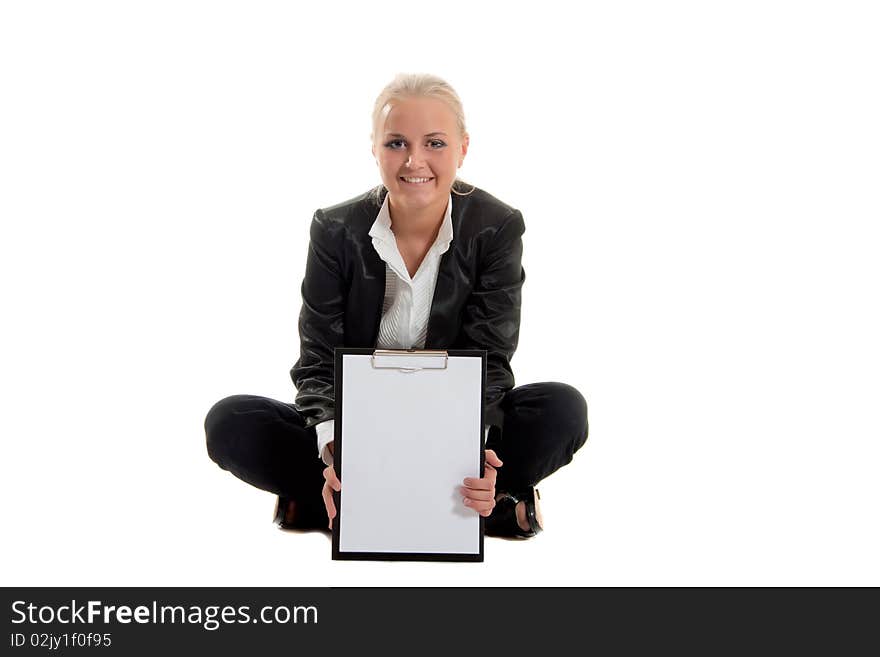 Businesswoman with folder siting, white background, isolated in studio