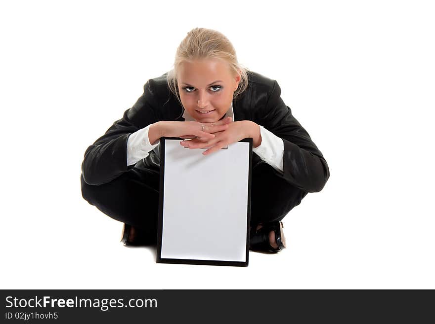 Businesswoman with folder siting, white background, isolated in studio