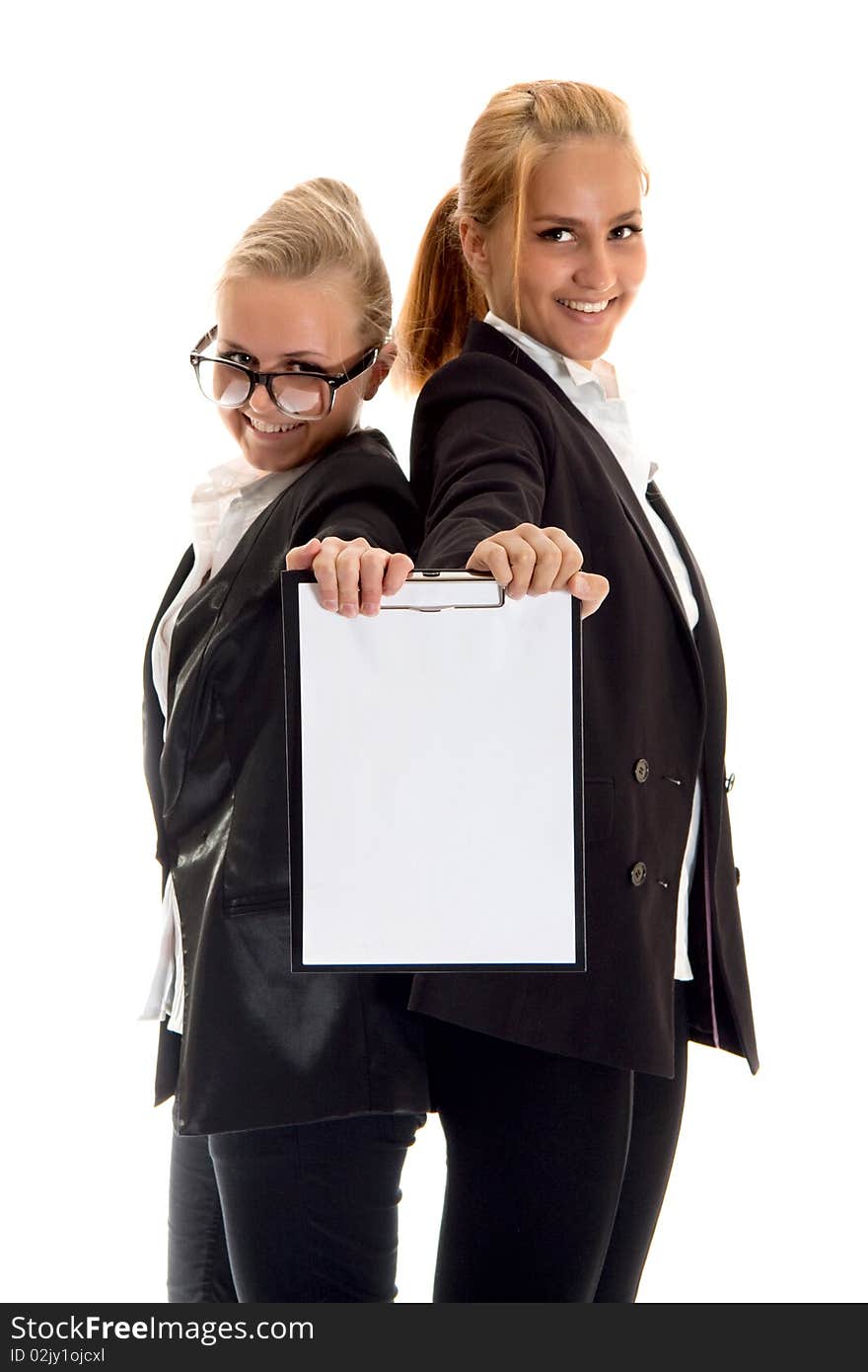 Two businesswomans on isolated backround with folder,photo in studio. Two businesswomans on isolated backround with folder,photo in studio