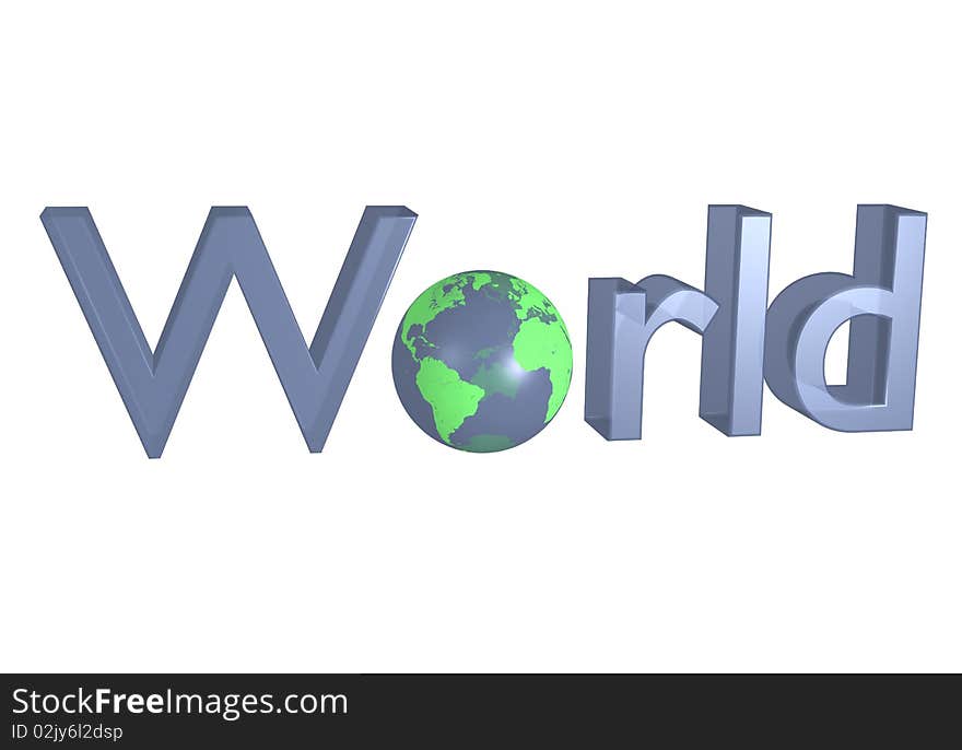 "World" sign with earth like globe over white background.