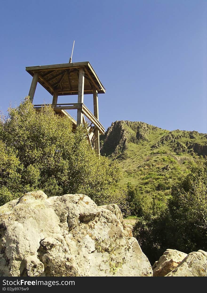 Blue sky and very old Forest fire tower