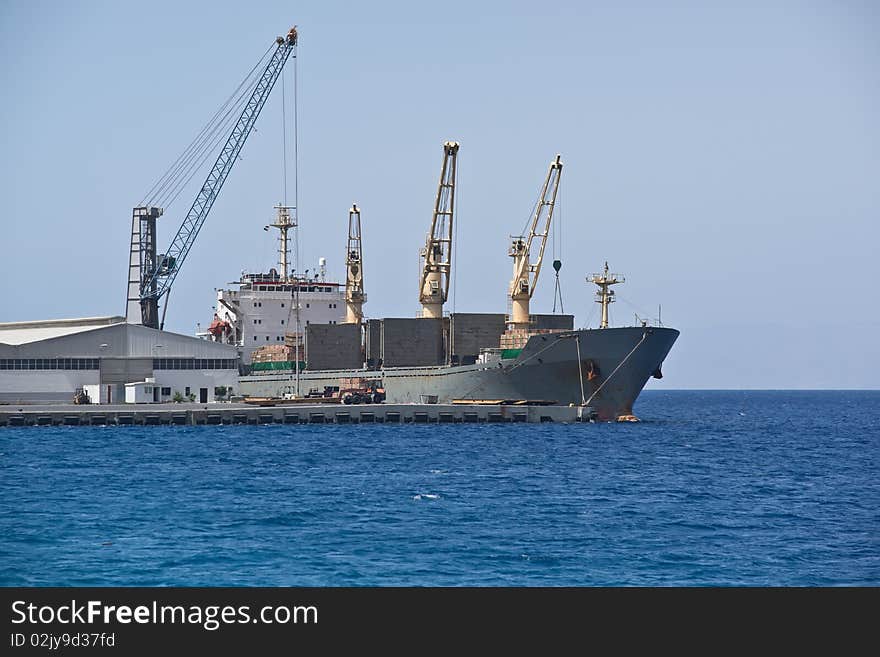 Cargo ship moored in Aqaba port. Jordan