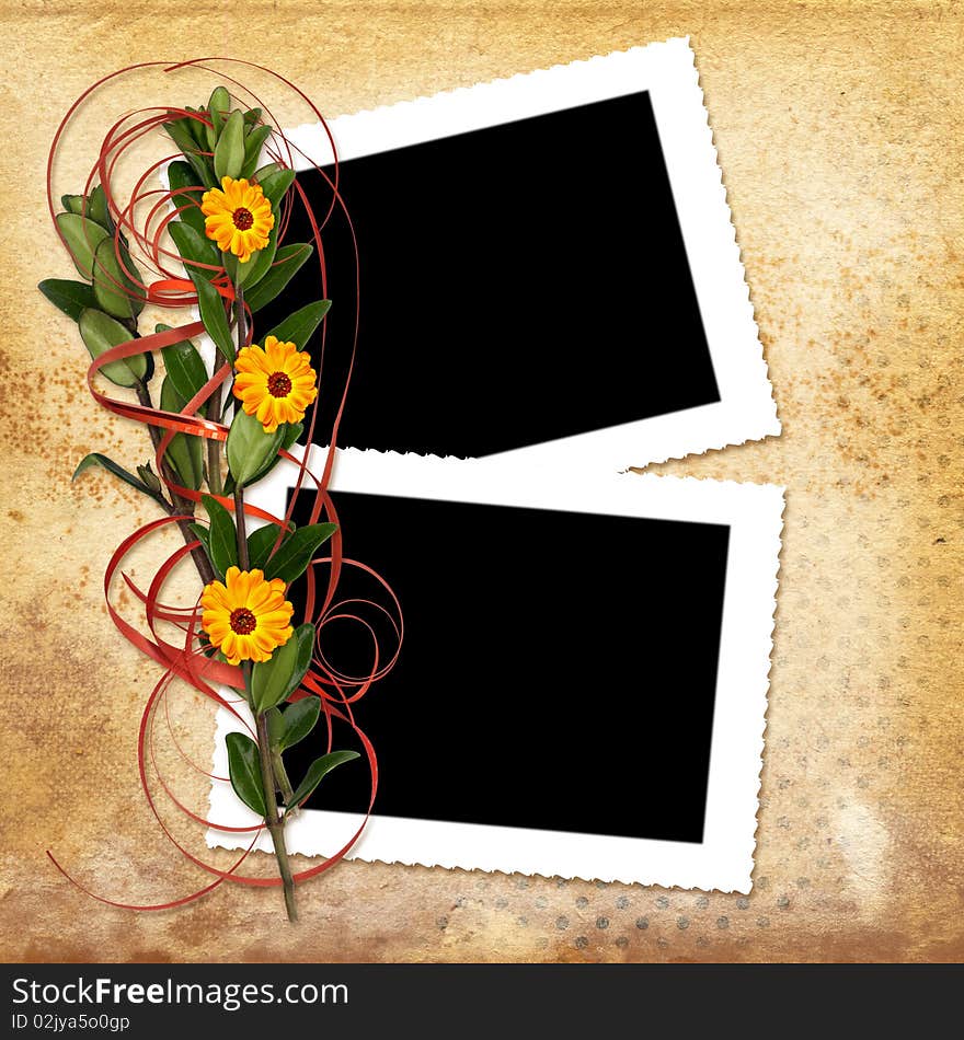 Card with bouquet on old grunge background