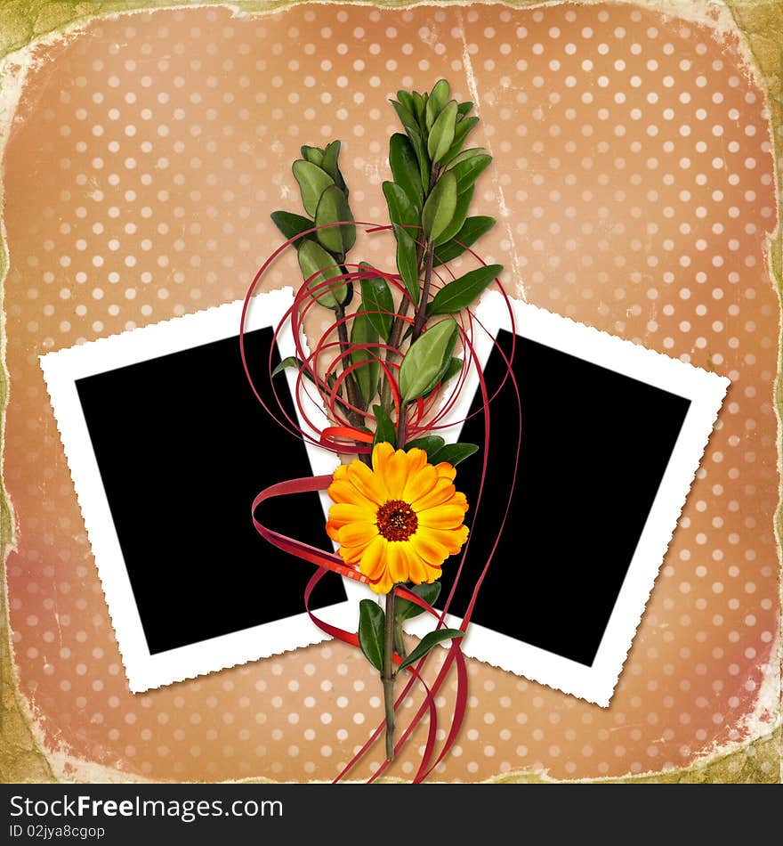 Card with bouquet on old grunge background