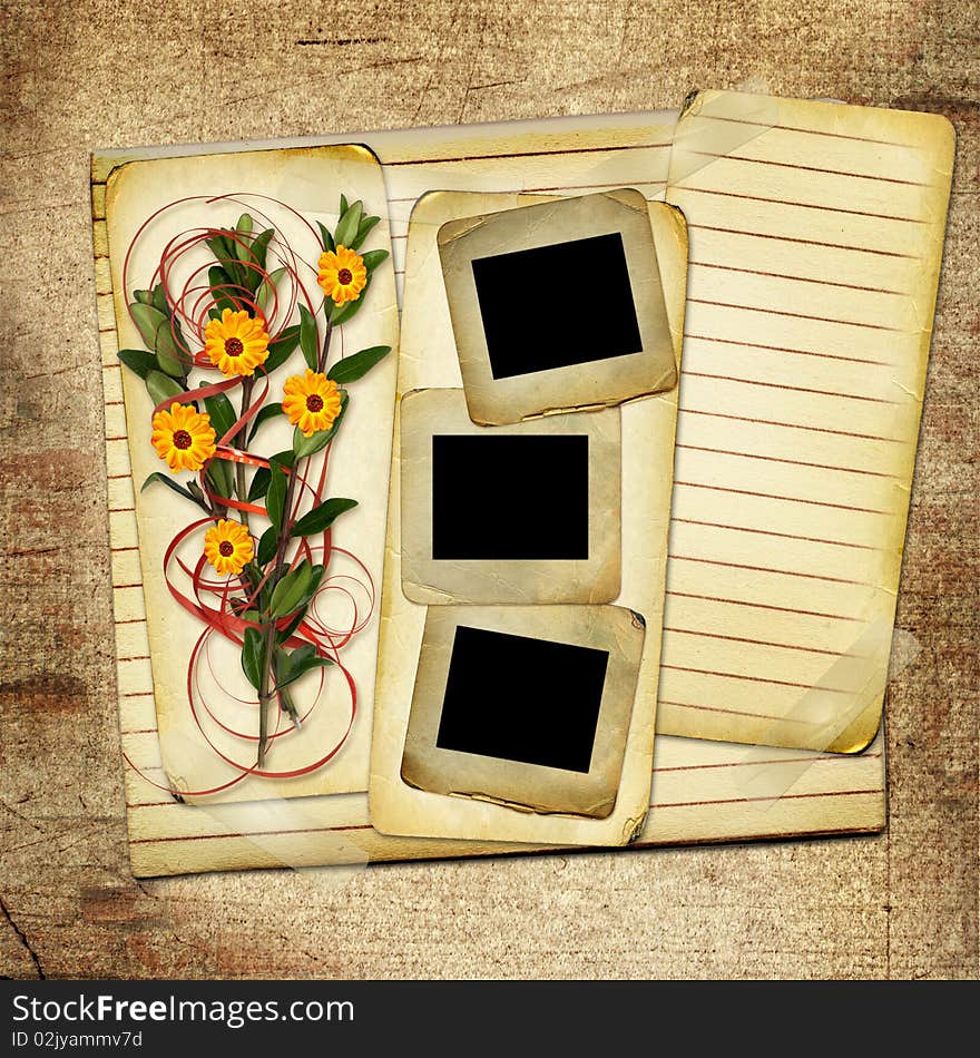 Card with bouquet on old grunge background