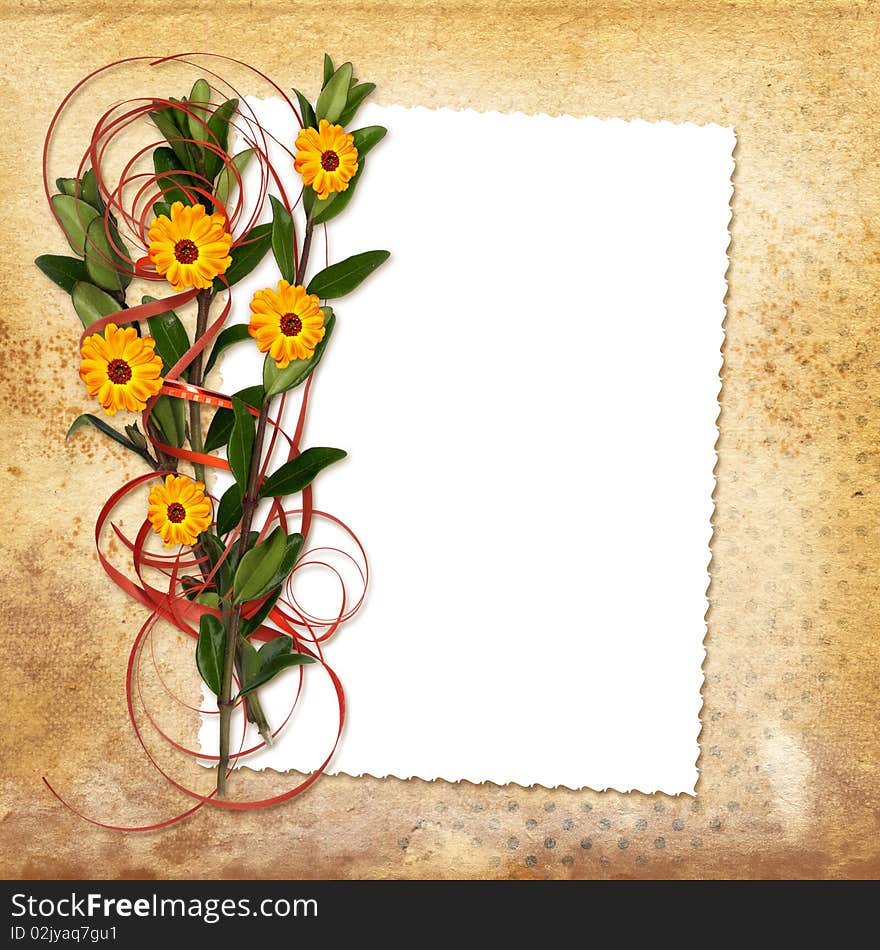 Card With Bouquet On Old Grunge Background