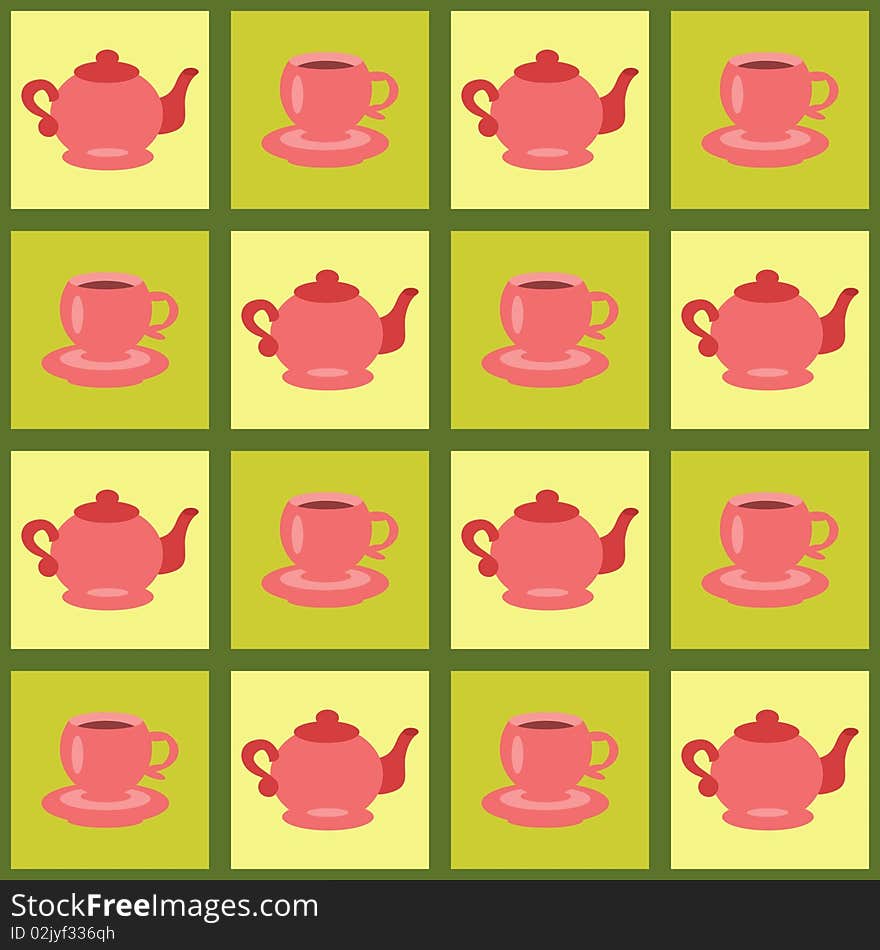 Background with teapots and cups