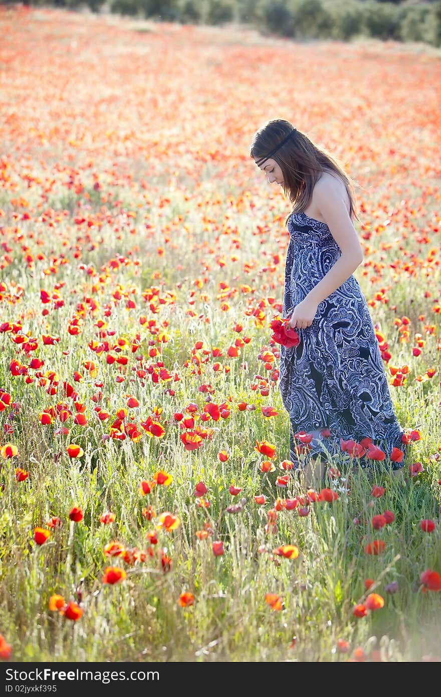 Young girl in poppies field