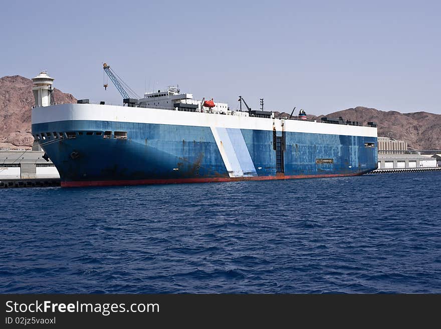 Cargo ship moored in Aqaba port. Jordan