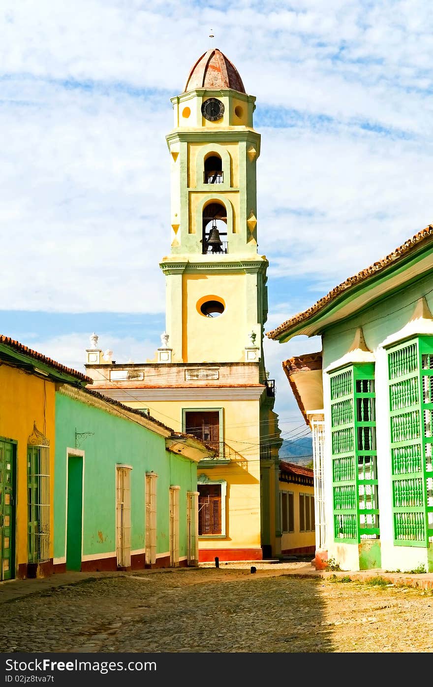 Colonial street with tower bell in historical center of Trinidad, Cuba. Colonial street with tower bell in historical center of Trinidad, Cuba