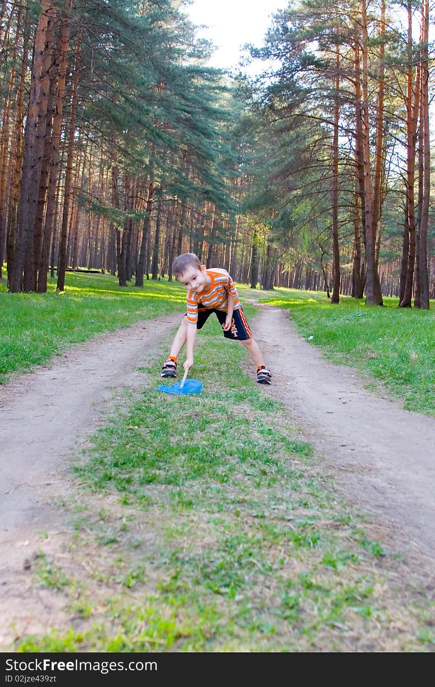 Boy catches a butterfly in a pine forest on a summer day