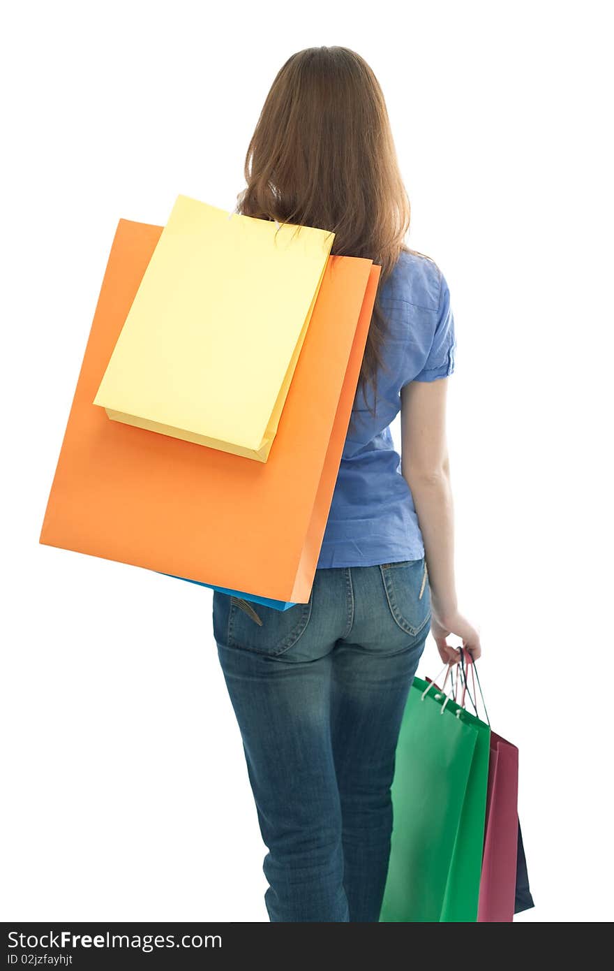 Beauty shopping woman with clored bags on white background