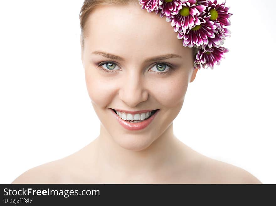 Beauty woman closeup portrait with flower