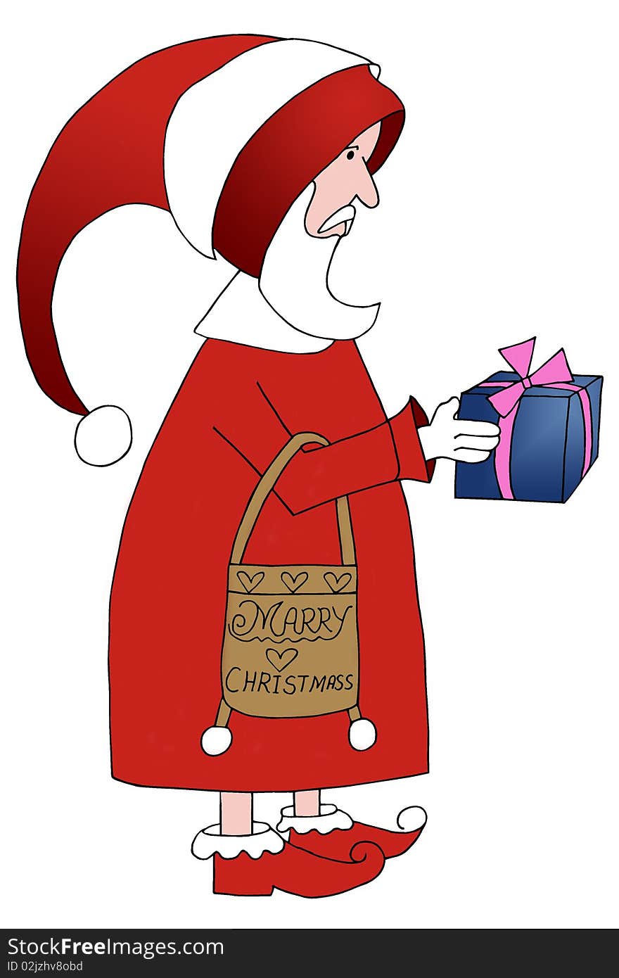 This is a Santa Claus illustration with gift box isolated on a white background.