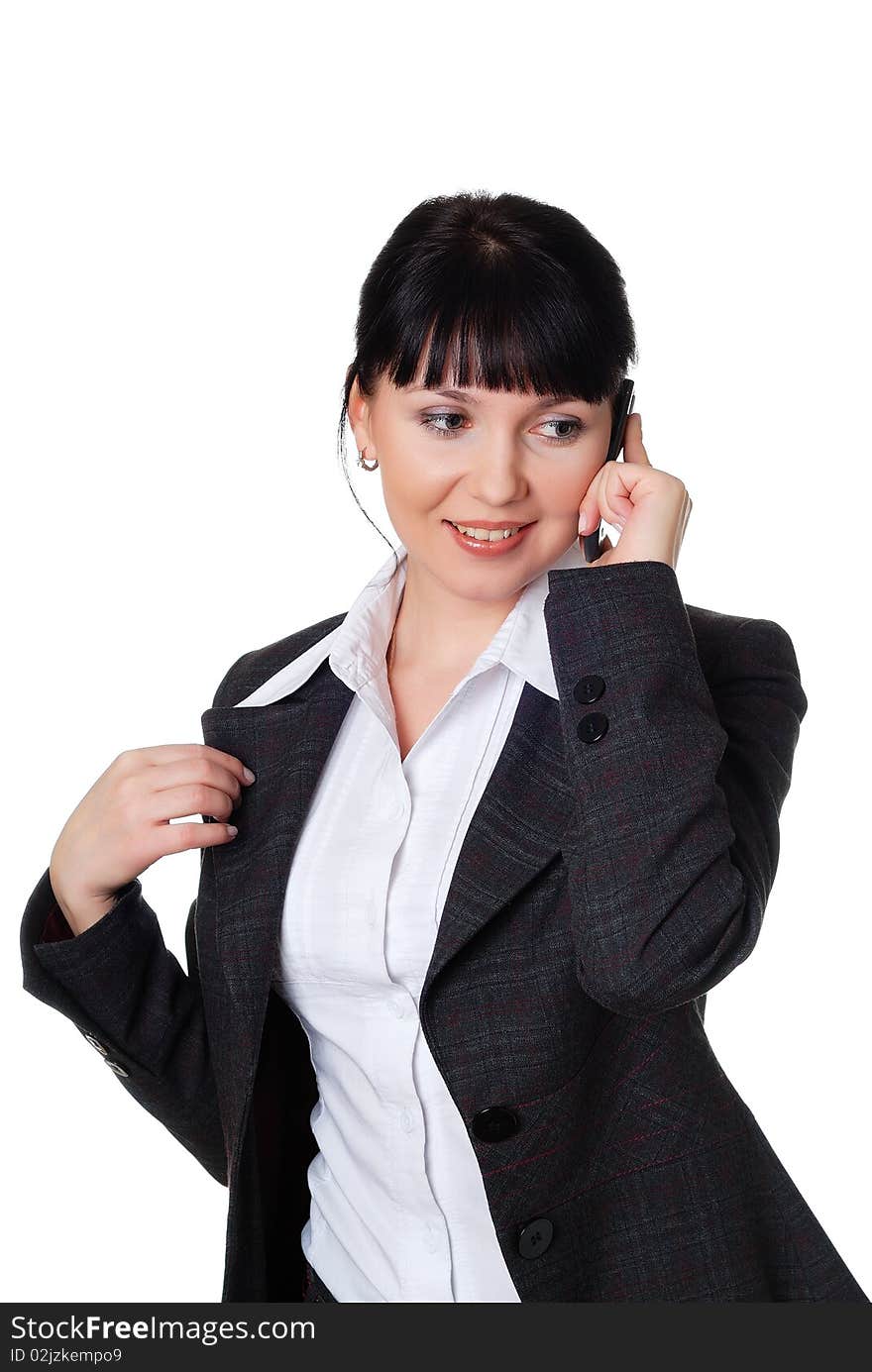 Charming young woman in a dark business suit