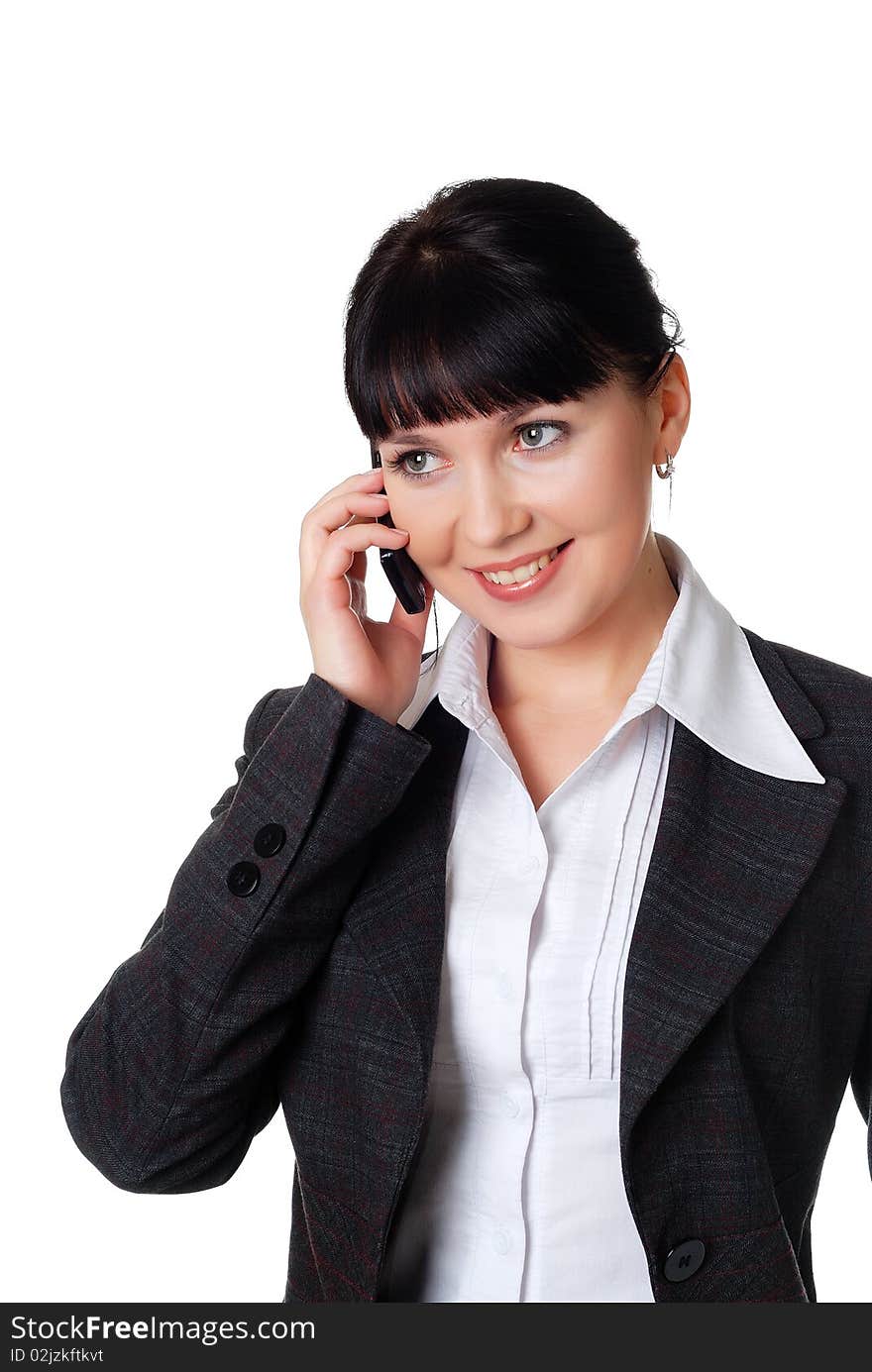 Charming young woman in a dark business suit isolated on white background