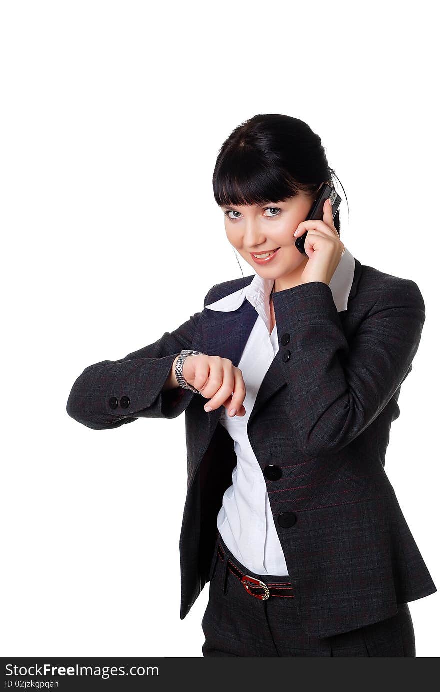 Charming young woman in a dark business suit