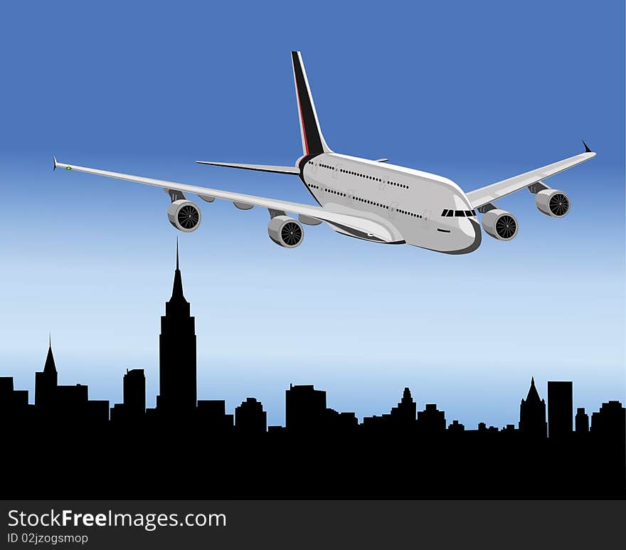 The passenger airplane flies above the large city. The passenger airplane flies above the large city