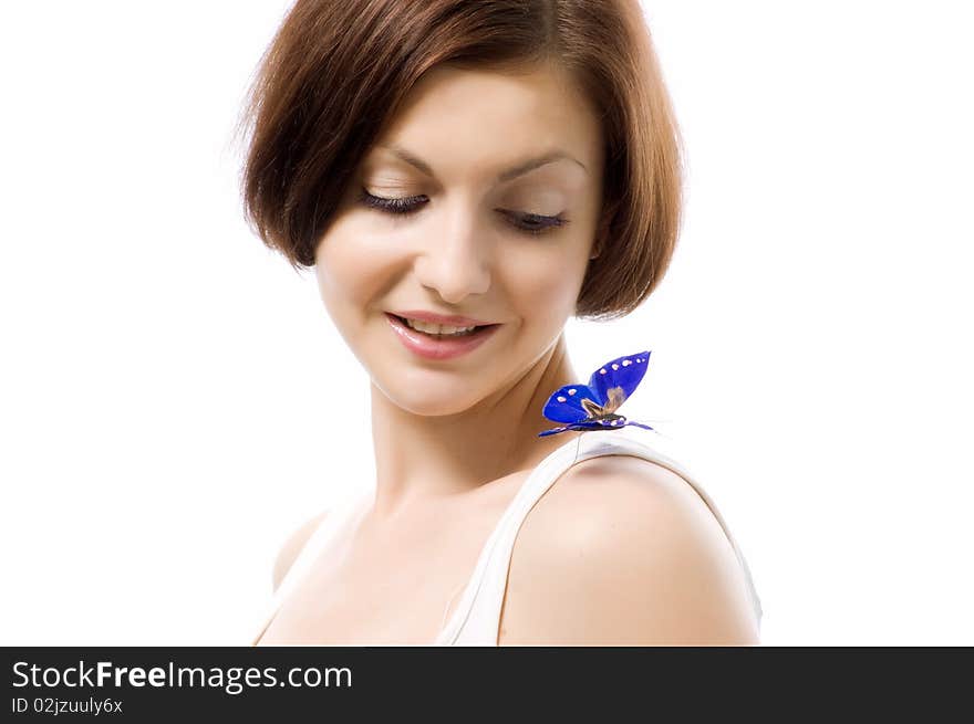 Girl with a butterfly on shoulder. Girl with a butterfly on shoulder