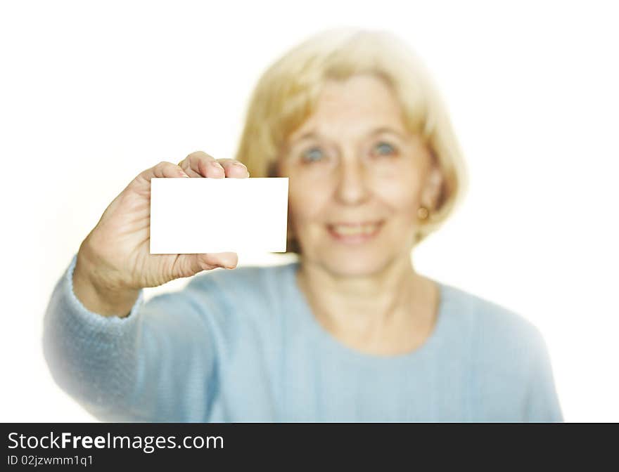 Woman showing blank business card. Woman showing blank business card