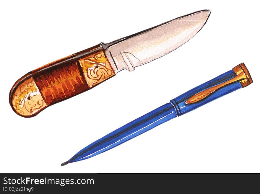 This is a knife and pen in watercolor isolated on a white background. This is a knife and pen in watercolor isolated on a white background.