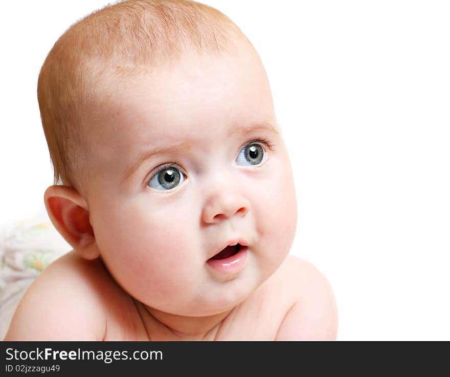 Happy newborn child on white background. Happy newborn child on white background