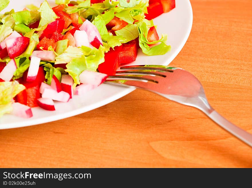 Depicted in white salad bowl, fork, close-up