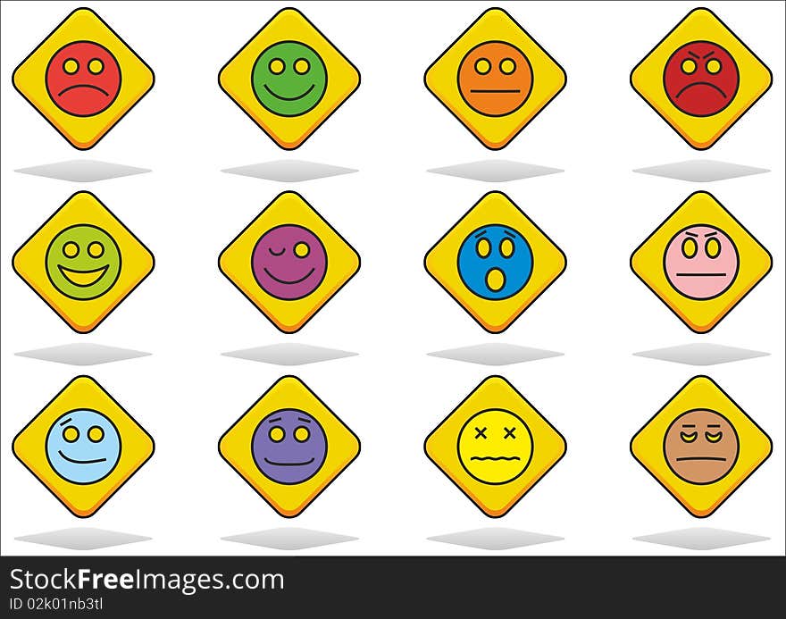 Set of twelve emoticons (happy, sad, angry). Set of twelve emoticons (happy, sad, angry).