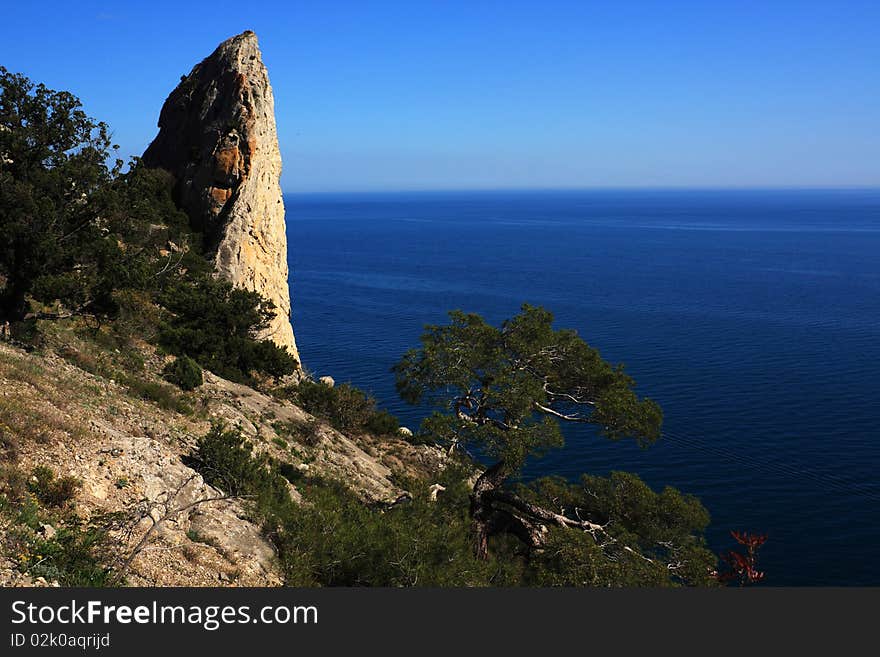 Mountain and sea landscape east of crimea. The mountains and rocks, covered with juniper and pine. Blue sea. Mountain and sea landscape east of crimea. The mountains and rocks, covered with juniper and pine. Blue sea