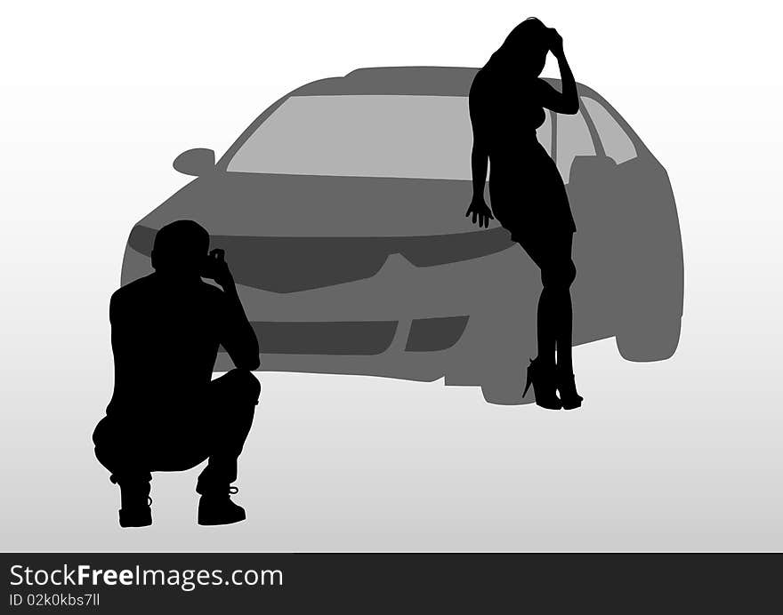 Image of photographer and girl model in cars. Image of photographer and girl model in cars