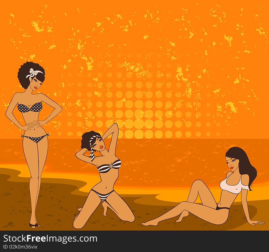 Beautiful girls on a summer beach.  illustration in retro style